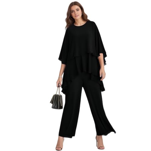 Chiffon Mother of Bride Pantsuit Plus Size Cocktail Pant Suits for Women Dressy Evening Prom Wedding Black