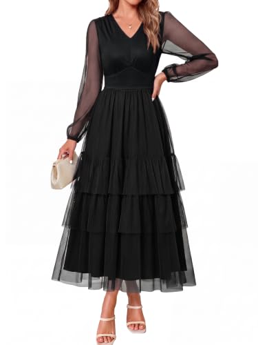 BerryGo Womens Long Sleeve Flowy Wedding Guest Maxi Fall Tiered Mesh Dress