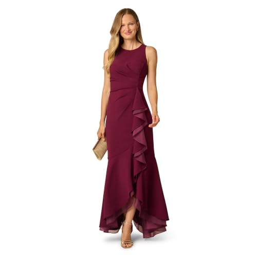 Adrianna Papell Women's Ruffle Crepe Halter Gown, Cabernet, 8