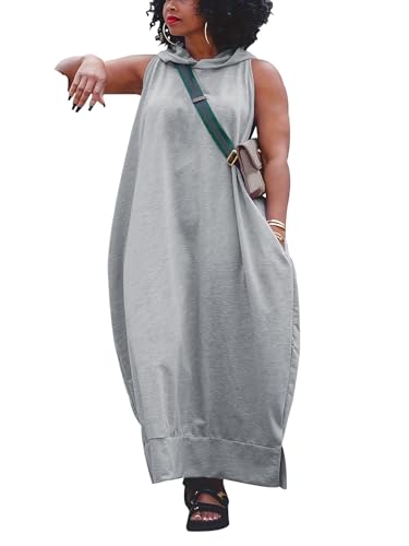 YeGine Oversize Tshirt Dress Women Summer Sleeveless Maxi Dress with Pockets Gray XL