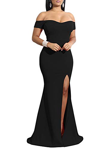 YMDUCH Women's Off Shoulder High Split Long Formal Party Dress Black