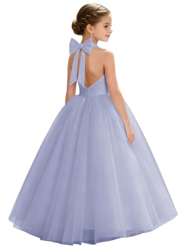 Heineyo Bowknot Tulle Junior Bridesmaid Dress Girls Backless Halter Evening Party Gown Wedding A-Line Long Lavender Satin Sleeveless Flower Girl Dresses US14