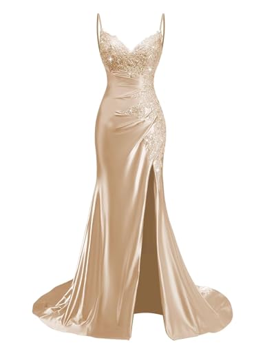 Satin Mermaid Prom Dresses 2026 Long Lace Beaded Champagne Prom Gowns Women