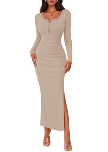 Lazysmile Women's 2026 Fall Long Sleeve Bodycon Maxi Dress Light Khaki