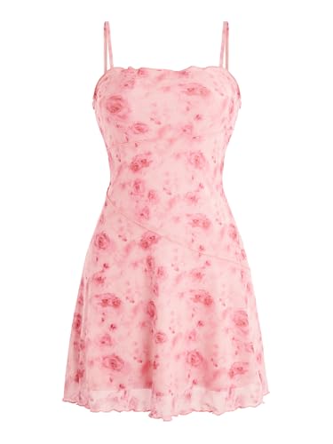 Verdusa Women's Mini Dress Floral Spaghetti Strap Mesh Short Dresses Going Out Sundress Y2k Gothic Clothes Pink Small