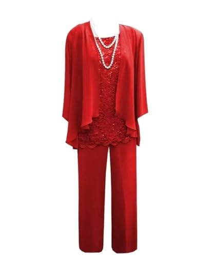 3 Pieces Mother of The Bride Dress Pant Suits with Jacket for Wedding Long Sleeve Lace Formal Outfits for Women PG028 Red