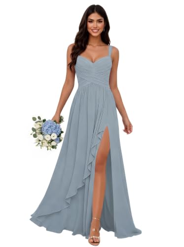 Glqqay Women's Long Dusty Blue Ruffle Bridesmaid Dresses for Wedding US 4 | Chiffon, Spaghetti Straps, V-neck, Evening Party Gown