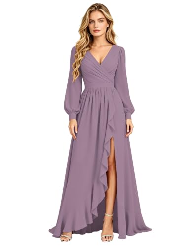 Wisteria Bridesmaid Dress Plus Size Wedding Guest Dress Long Dress 16 | V Neck,with Slit,Long Sleeve,Maxi Dress,Semi Formal Gown,Wedding Guest Dress,Party Cocktail Prom,Evening Gown,Party Dresses
