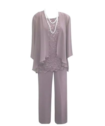 3 Pieces Mother of The Bride Dress Pant Suits with Jacket for Wedding Long Sleeve Lace Formal Outfits for Women PG028 Mauve