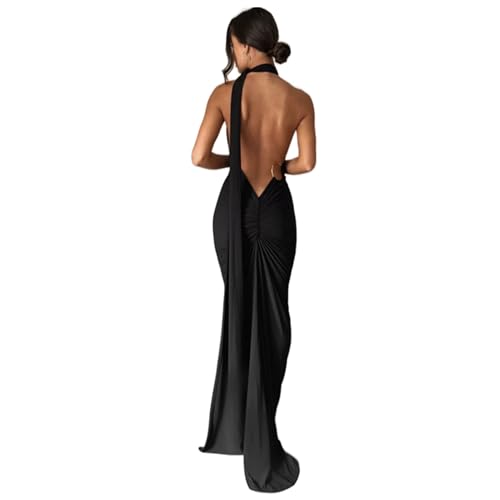 Women's Sexy One Shoulder Backless Maxi Dress Elegant Ruched O Ring Sleeveless Evening Dress Long Gown Cocktail Dresses Black