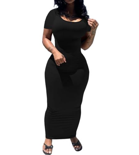 PINSV Women's Casual Bodycon Maxi Dress Summer Scoop Neck Short Sleeve Long Fitted Dresses Club Party M Black