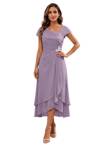Mother of The Groom Dress V Neck Elegant Chiffon Midi Evening Gown Sleeves