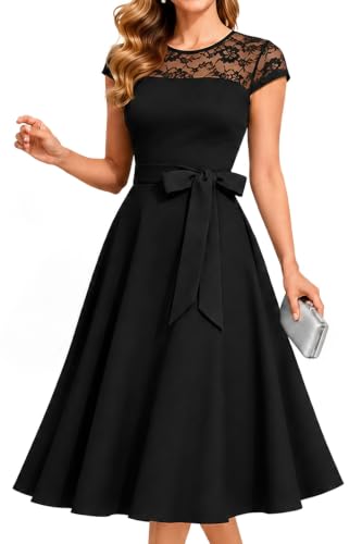 Pinup Fashion Black Cocktail Wedding Guest Party Funeral A-Line Dress