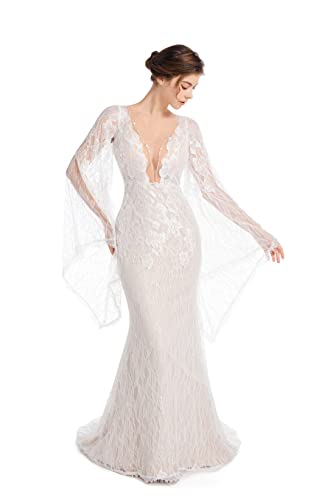 Sorayan Luxury Lace Flare Sleeves Mermaid Wedding Dress Boho Beach Sexy Deep V Open Back Bridal Gowns (22,Champagne Lining)