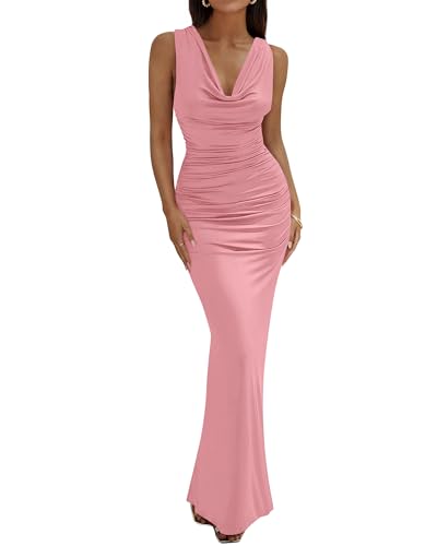 BTFBM Cocktail Dresses for Women Spring 2026 Cowl Neck Sleeveless Ruched Slim Fit Maxi Summer Formal Wedding Guest Dress(Pink, XX-Large)