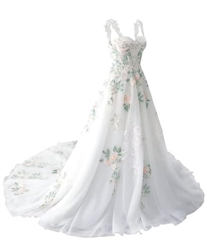 White Wedding Dresses for Bride 2025 Flower Embroidery Tulle Sweetheart Bride Dress with Train Long Ball Gown Wedding Gowns Lace Up Back US2 He0199A21