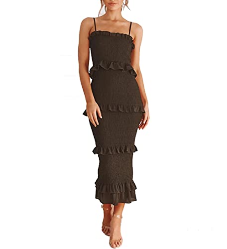 Remelon Women's Sexy Halter Dress Shirred Tiered Ruffle Spaghetti Strap Bodycon Club Party Midi Dresses Black