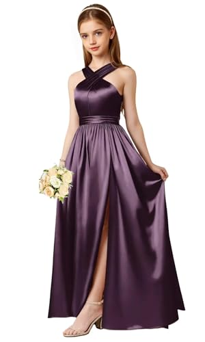 PHILIZLE Junior Girls Bridesmaid Halter jr Bridesmaid Dresses for Teens Split Satin Flower Girl Formal Gown for Wedding