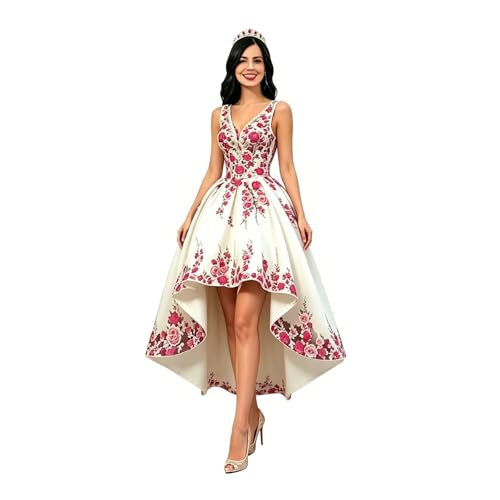 grxkiming Short Front Long Back White and Hot Pink Flower Embroidery Mexican Charro Quinceanera Homecoming Graduation Party Dresses High Low V Neck Satin Ruched Backless Y2k Junior Girls 20W