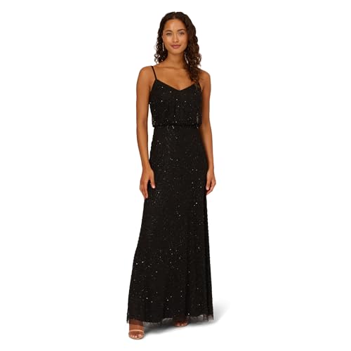 Adrianna Papell Women's Long Beaded Blouson Gown, Black, 12