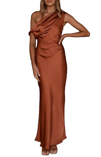 Summer Satin Off Shoulder Maxi Dress for Women Elegant Silk Sleeveless Ruched Waist Formal Cocktail Wedding Guest Dresses Brown