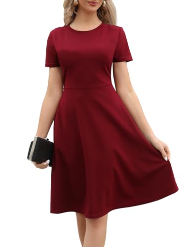 MSLG Summer Dresses for Women 2026 Work Church Elegant Business Casual A-Line Fit and Flare Short Sleeve Petite Dress with Pockets 162 S Burgundy