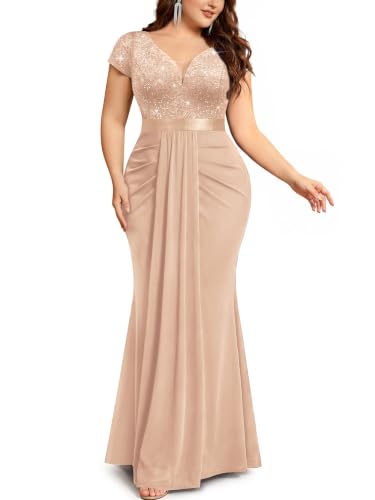 MISSMAY Women's Plus Size Formal Bridesmaid Mermaid Evening Gowns Dresses | Elegant Wedding Guest Prom for Curvy Women,V Neck,Sequin Lace,Ruched Maxi Dress,Draped Sashes,Party Cocktail Gala Ball Dress