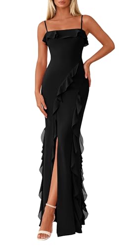 PRETTYGARDEN Women Bodycon Maxi Dress Mesh Ruffle Spaghetti Strap Square Neck Formal Cocktail Wedding Guest Spring Dresses(Black,Large)