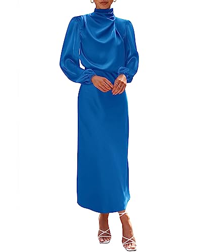 BTFBM Womens Mock Neck Satin Maxi Dress Summer 2026,Brilliant Blue,L | Long Sleeve,Lightweight,High Waist,Formal Cocktail Dresses,Homecoming,Graduation,Wedding Guset,Going Out Outfits,Fall Clothes
