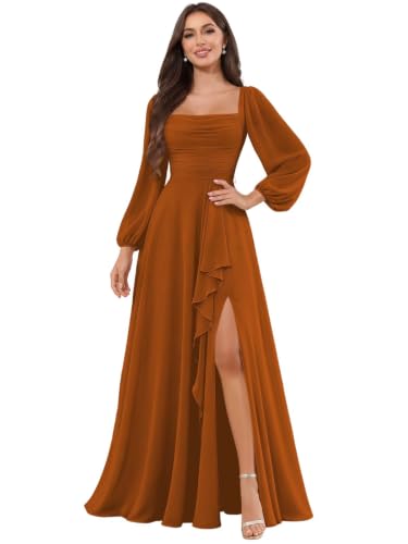 Hjrqda Long Sleeve Bridesmaid Dresses for Women Burnt Orange Square Neck Corset Ruffle Slit Fall Maxi Wedding Guest Dress US12