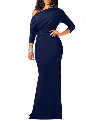 YMDUCH Women's Long Sleeve Off Shoulder Mermaid Long Formal Dress Navy