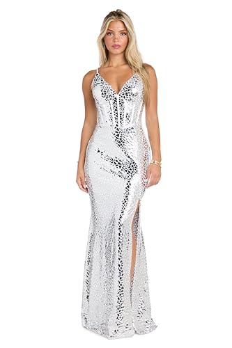 Morgan and CO. Women's Mirror Print Corset Gown W/Lace Up Back & Slit - Stretch Evening Dress, Cocktail Party, Gala Night