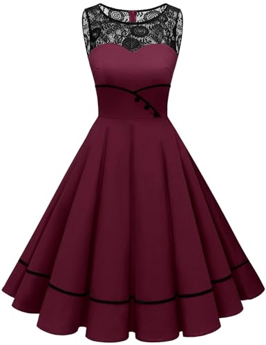Bbonlinedress Womens Burgundy 1950s Cocktail Dress Vintage Round Neck Retro Rockabilly for Tea Party,Burgundy S