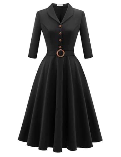 Bbonlinedress Women's 1950s Vintage Dress Knee Length Retro Swing Cocktail Dress for Graduation Wedding Guest Black M