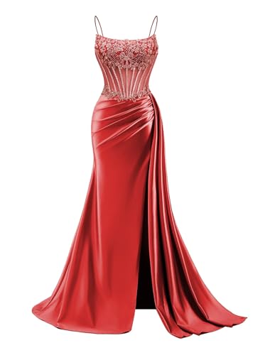 Red Mermaid Satin Prom Dresses 2026 Beaded Formal Evening Gowns,14