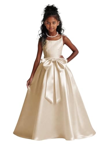 Farichos Satin Junior Bridesmaid Dress Long Champagne Flower Girl Dresses Ruffle Girls Pageant Dresses with Bows 15-16