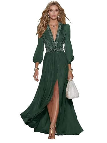 RYANTH Long Sleeve Bridesmaid Dresses Sparkly V Neck Chiffon Evening Gowns A Line Formal Wedding Guest Dress with Slit Emerald Green