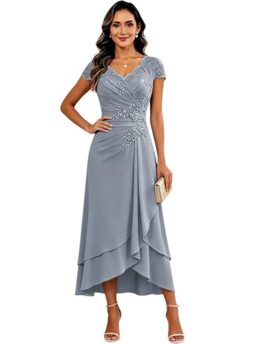 Dusty Blue Summer Mother of Groom Dress Tea Length for Women Chiffon US6