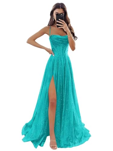 Sequin Prom Dresses for Women 2025 Sparkly Glitter Spaghetti Strap Tulle Formal Evening Dress with Slit Turquoise