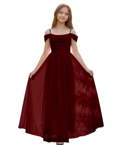 FLwuhui Burgundy Junior Bridesmaid Dress Chiffon Flower Girl Dresses for Wedding Cowl Neck Wedding Party Pageant Gown US4