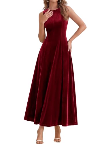 Simplee Women's Velvet Fall Sleeveless Crewneck Maxi Wedding Guest Dress | High-Stretch Velour, Fitted Waist A-Line, Elegant Modest Semi-Formal, Classy Evenning Cocktail, Fancy Winter Holiday Party