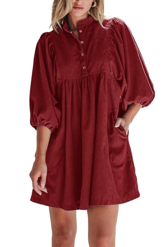 Opemiby Women Corduroy Fall Winter Mini Babydoll Dresses Burgundy S | 3/4 Puff Sleeve Loose Fit Button Up Empire Waist Dress Pocketed Cozy Casual Work Travel Spring Autumn Clothing