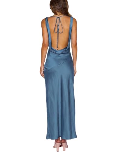 KOUNAI Satin Backless Formal Maxi Dresses for Women Wedding Guest Dark Blue