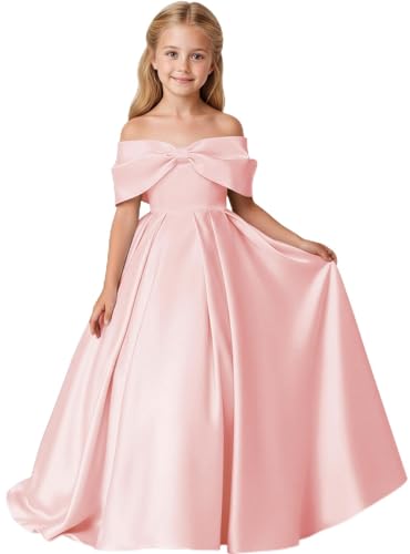 Lanbaodress Off Shoulder Flower Girl Dress 2026 Long Satin Pageant Junior Bridesmaid Dresses for Wedding with Bow Blush Size 14T