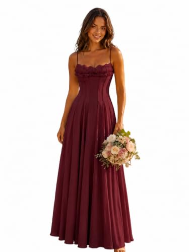 EDECPBM Long Chiffon Bridesmaid Dress Sweetheart Corset Ruffle A-Line Wedding Guest Dress Wine Red US02