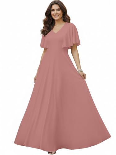 KOH KOH Womens Short Sleeve Ruffle Elegant Modest Dressy Wedding Guest Prom Bridesmaid Cocktail Party Flowy Long Tall Formal Maxi Dress Dresses Gown Gowns, Cinnamon Rose Pink L 12-14