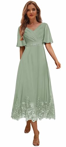 Tea Length Mother of The Bride Dresses for Women Sage Green Lace Hem Wedding Guest Formal Dress Size 8