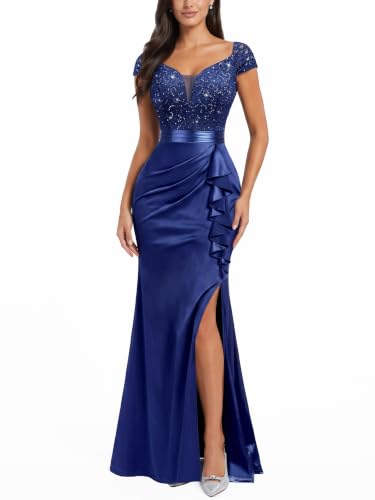 Miusol Women's Vintage V-Neck Slim Ruffle Split Evening Formal Maxi Dress