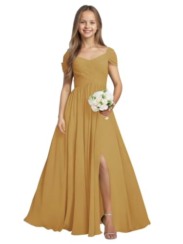 Qgeno Chiffon Junior Bridesmaid Dresses for Wedding Gold Long Flower Girl Dress A Line Ruched Formal Gown Size 14-16