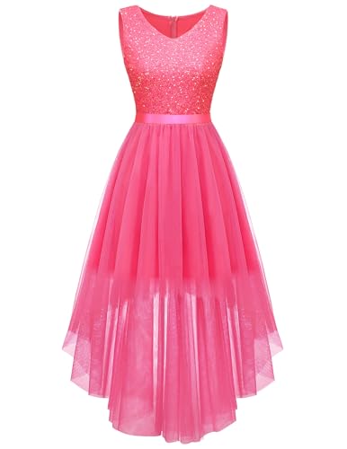 Teen Birthday Dress Sparkly Sequin Tulle High Low V Neck Party Hot Pink 2XL